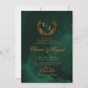 Chic Emerald Copper Calligraphy Monogram Wedding Einladung