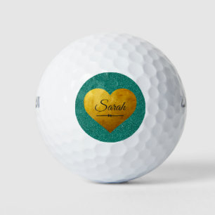 Chic Emerald Glitzer Gold-Herzname Monogram Golfball