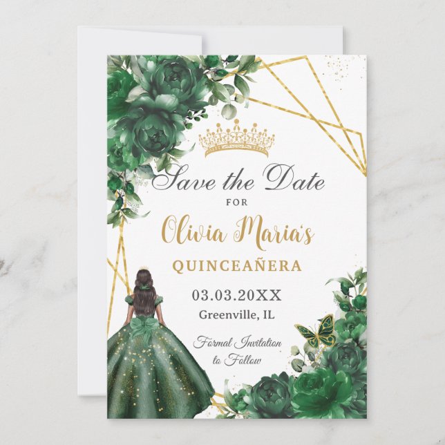 Chic Emerald Green Blume Brown Girl Quinceañera Save The Date (Vorderseite)