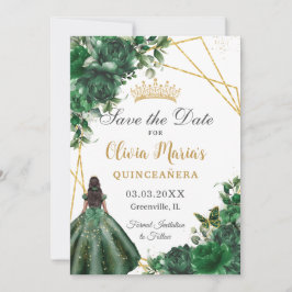 Chic Emerald Green Blume Brown Girl Quinceañera Save The Date