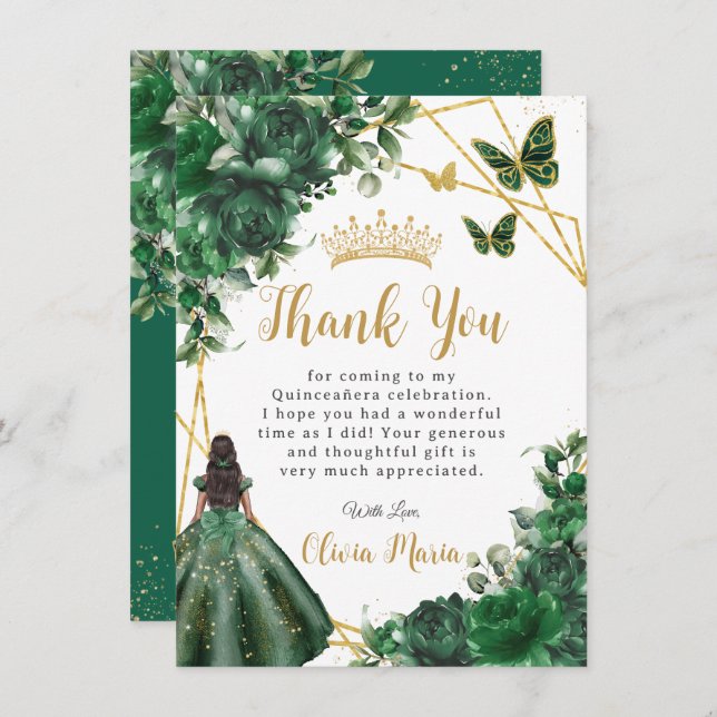 Chic Emerald Green Blume Floral Quinceañera Dankeskarte (Vorne/Hinten)