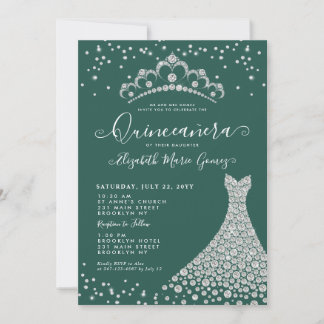 Chic Emerald Green Diamond Tiara Gown Quinceanera Einladung