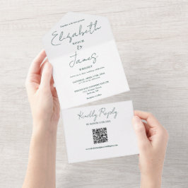 Chic Emerald Green Elegant Script QR Code Wedding All In One Einladung