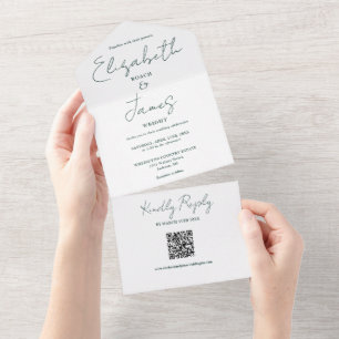 Chic Emerald Green Elegant Script QR Code Wedding All In One Einladung