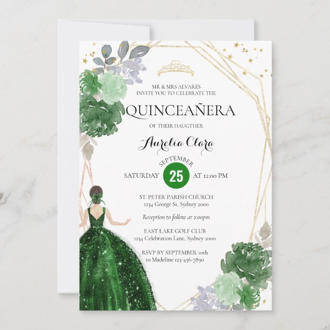 Chic Emerald Green Floral Geometric Quinceañera Einladung (Vorderseite)