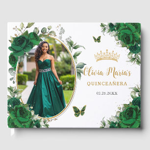 Chic Emerald Green Floral Gold Quinceanera Foto Gästebuch