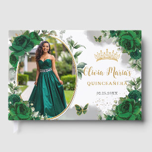Chic Emerald Green Floral Gold Quinceanera Foto Gästebuch