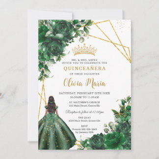 Chic Emerald Green Floral Princess Quinceañera Einladung