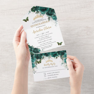 Chic Emerald Green Floral Quinceanera Butterflies All In One Einladung