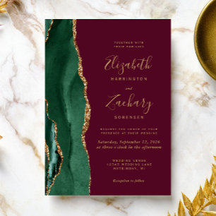 Chic Emerald Green Gold Agate Burgundy Wedding Einladung