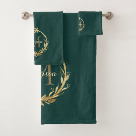 Chic Emerald Green Gold Monogram Eukalyptus Wreath Badhandtuch Set