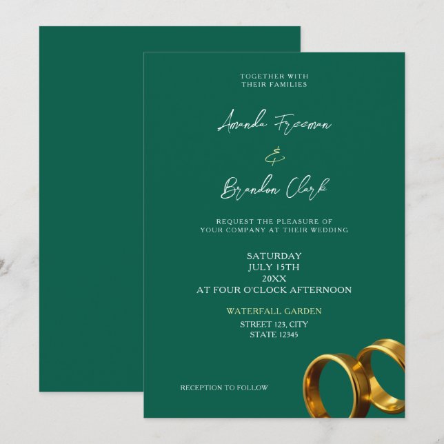 Chic Emerald Green Gold Rings Wedding Einladung (Vorne/Hinten)