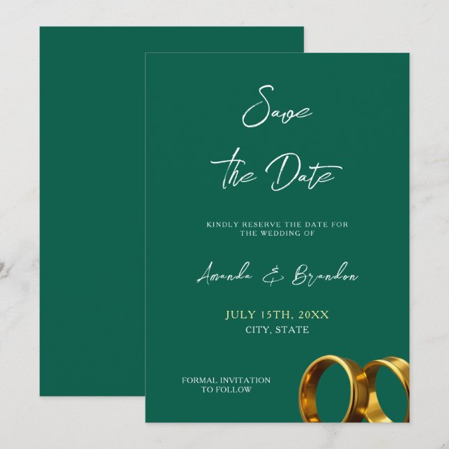 Chic Emerald Green Gold Rings Wedding Save The Date (Vorne/Hinten)