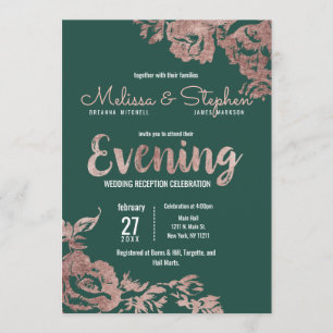 Chic Emerald Green Rose Gold Floral Abend Einladung