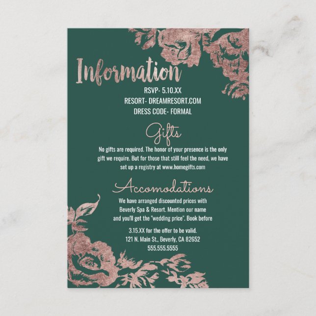 Chic Emerald Green Rose Gold Floral Information Begleitkarte (Vorderseite)