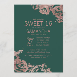 Chic Emerald Green Rose Gold Floral Sweet 16 Einladung