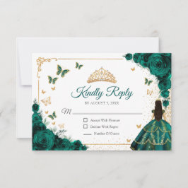 Chic Emerald Green Roses Gold Quinceanera Reply RSVP Karte