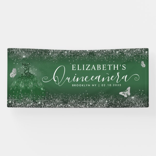 Chic Emerald Green Silver Gown Quinceañera Willkom Banner (Horizontal)