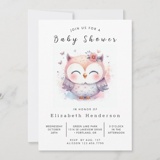 Chic Enchanted Owl Baby Shower Einladung (Vorderseite)