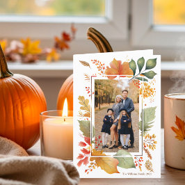 Chic Erntedank Family Foto Fall Leaf Border Feiertagskarte
