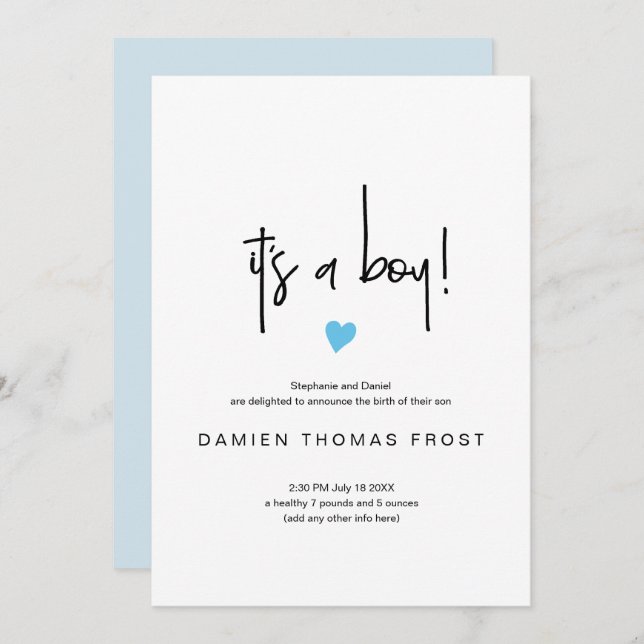 Chic Es ist eine junge Geburtserklärung Tiny Blue  Einladung (Vorne/Hinten)