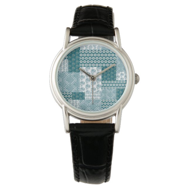 Chic Ethnic Imitats Patchwork Pattern, Aquamarin u Armbanduhr (Vorderseite)