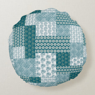 Chic Ethnic Imitats Patchwork Pattern, Aquamarin u Rundes Kissen