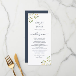 Chic Eucalyptus Foliage Dark Blue White Wedding Menükarte