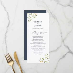 Chic Eucalyptus Foliage Dark Blue White Wedding Menükarte