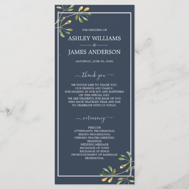 Chic Eucalyptus Green Navy Blue Botanical Wedding Programm (Vorderseite)