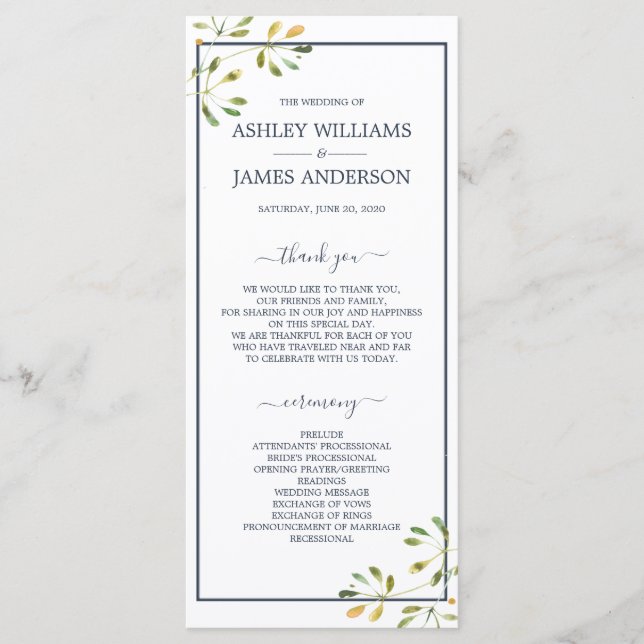 Chic Eucalyptus Green Navy Blue Botanical Wedding Programm (Vorderseite)