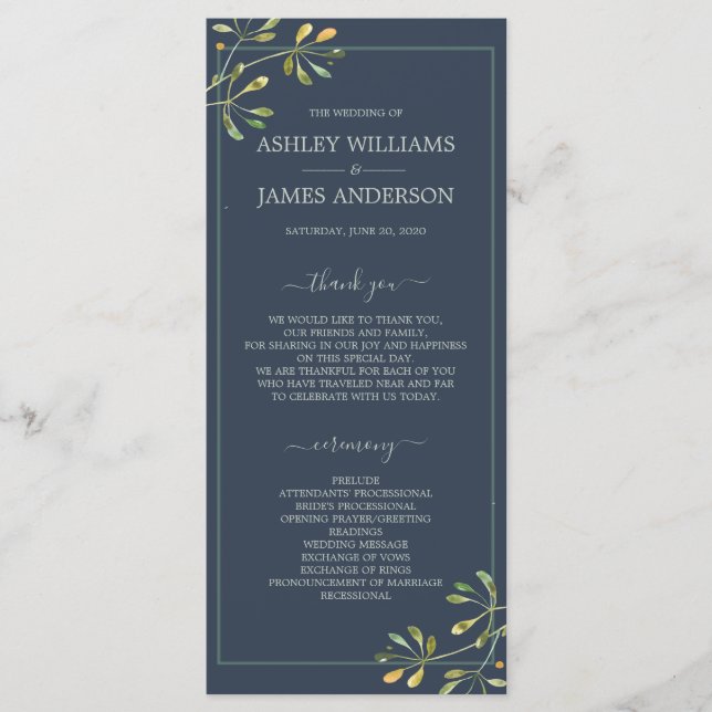 Chic Eucalyptus Green Navy Blue Botanical Wedding Programm (Vorderseite)