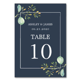 Chic Eucalyptus Green Navy Blue Botanical Wedding Tischnummer