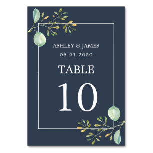 Chic Eucalyptus Green Navy Blue Botanical Wedding Tischnummer