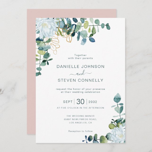 Chic eucalyptus greenery white flowers wedding einladung (Vorne/Hinten)