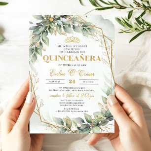 Chic eucalyptus grün Gold Glitzer Quinceañera Einladung