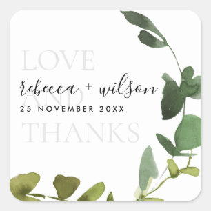 CHIC EUCALYPTUS WATERCOLOR LIEBE UND DANKE WEDEN QUADRATISCHER AUFKLEBER