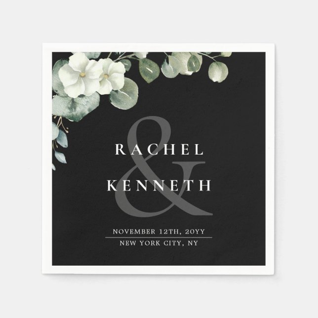 Chic Eukalyptus Black & White Minimalistisch Weddi Serviette (Vorderseite)
