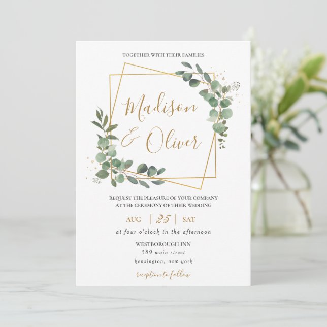 Chic Eukalyptus Greenery Gold Geometric Wedding Einladung (Stehend Vorderseite)