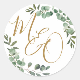Chic Eukalyptus Greenery Wedding Initials Bevorzug Runder Aufkleber