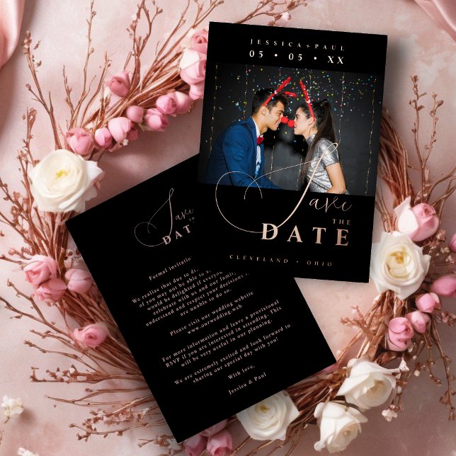 Chic Exquisite Script Photo Christmas Rose Gold  Folieneinladung (Cherish Exquisite Script Photo Christmas Couple Real Rose Gold Metallic Foil Wedding Black Save Date)