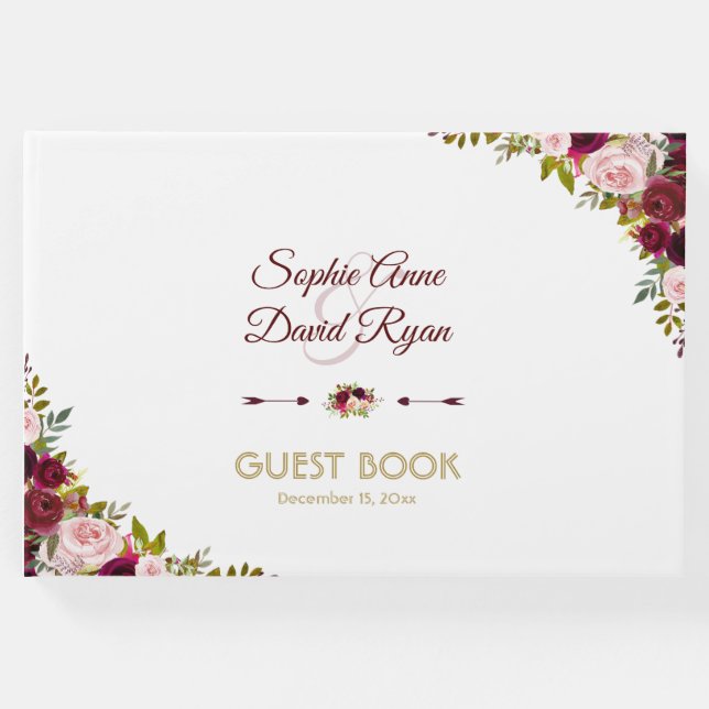 Chic Fall Marsala Floral Burgundy Wedding Gästebuch (Vorderseite)