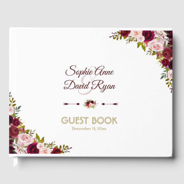 Chic Fall Marsala Floral Burgundy Wedding Gästebuch (Vorderseite)