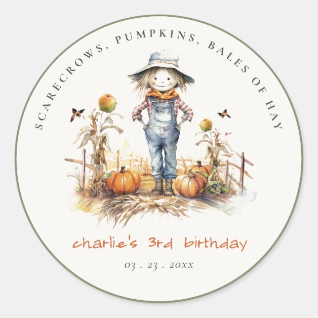 Chic Fall Pumpkin Scarecrow Harvest Kindergeburtst Runder Aufkleber (Vorderseite)