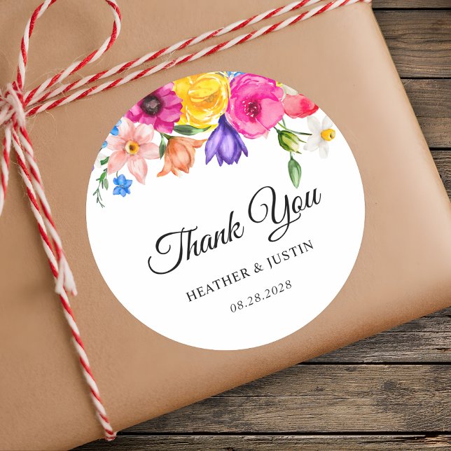 Chic farbenfrohe helle Wildblumen Hochzeit danke Runder Aufkleber (Von Creator hochgeladen)