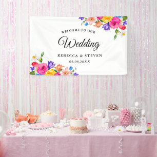 Chic farbenfrohe helle Wildblumen Hochzeitsempfang Banner