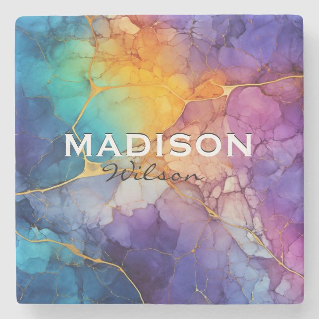 Chic farbenfrohe Imitate Gold Glitzer Marmormonogr Steinuntersetzer (Vorderseite)