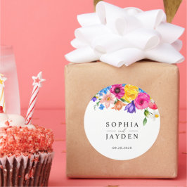 Chic farbenfrohe Wildblumen Hochzeit Monogramm Runder Aufkleber