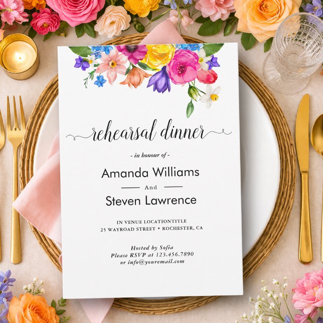 Chic farbenfrohe Wildblumen Hochzeit Probe Dinner Einladung (Von Creator hochgeladen)