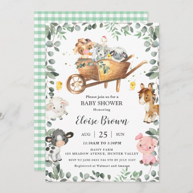Chic Farm Animals Barnyard Greenery Baby Shower I Einladung (Vorne/Hinten)